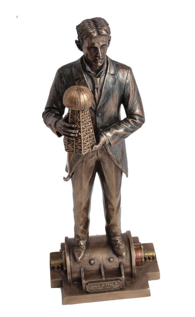 Veronese Design 12" Tall Nikola Tesla Holding a Model of Wardenclyffe Tower Statue Cold Cast Resin Antique Bronze Finish Sculpture