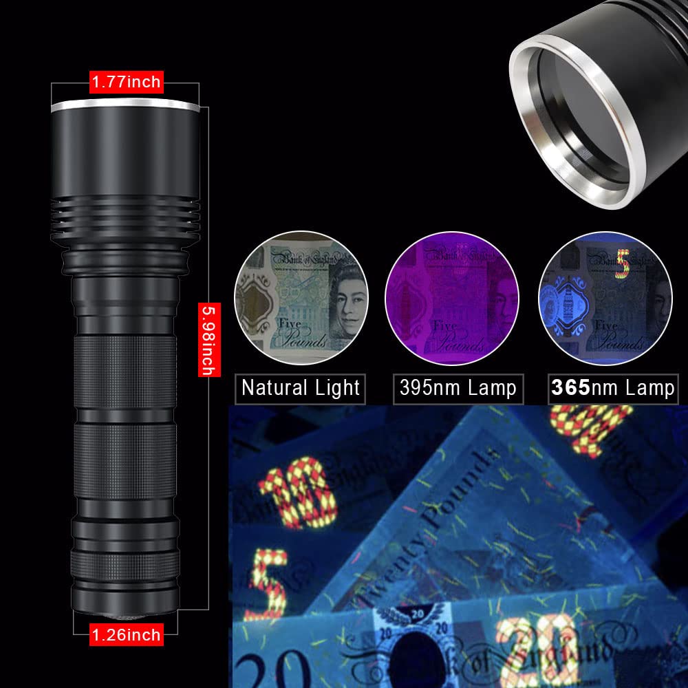 LBJD Black Light UV Flashlight, 365NM Rechargeable Flashlights with Filtered 4 LED, High Power and Long Range Professional Grade Beam Best for Commercial Use, pet Urine Detection, Resin, Rocks