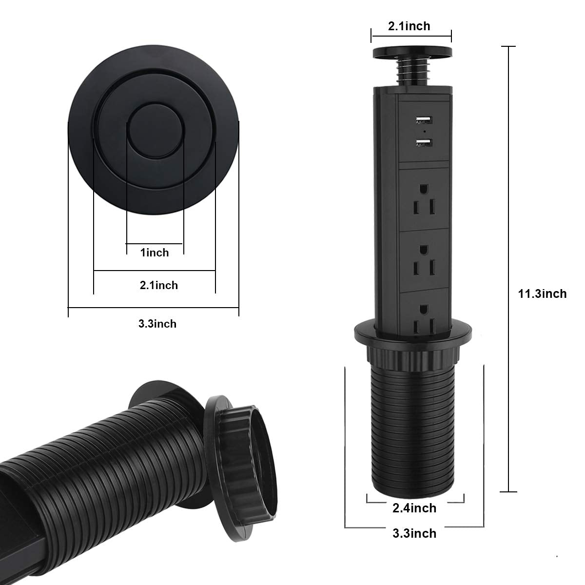 Pop Up Outlet for Kitchen Countertop,2.5" Hole Size Grommet Power Pop Out Outlet with USB,Pulling Pop Up Socket for Home,Office Worktop,Telescoping Power Solution,6ft Power Cord(Black)