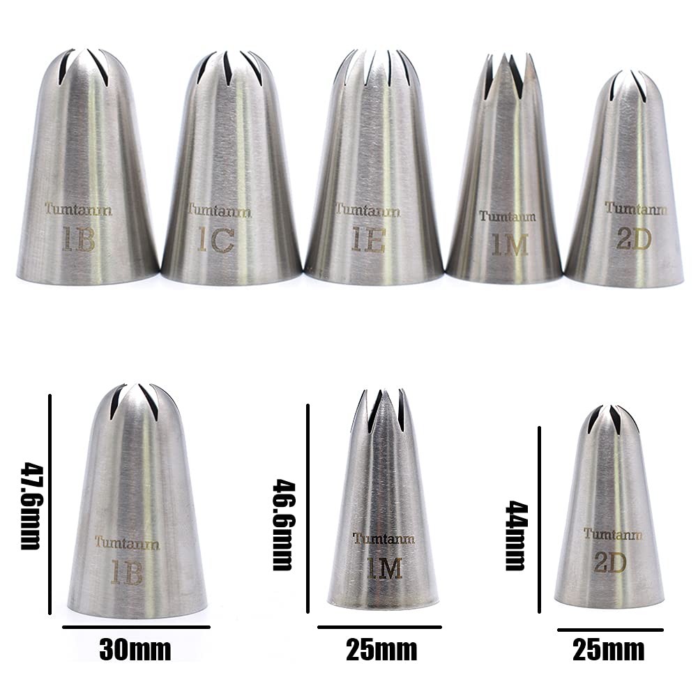 Tumtanm 5 Pack Extra Large Piping Nozzles, 1B 1C 1E 1M 2D# Seamless Stainless Steel Piping Icing Tips for Cupcakes