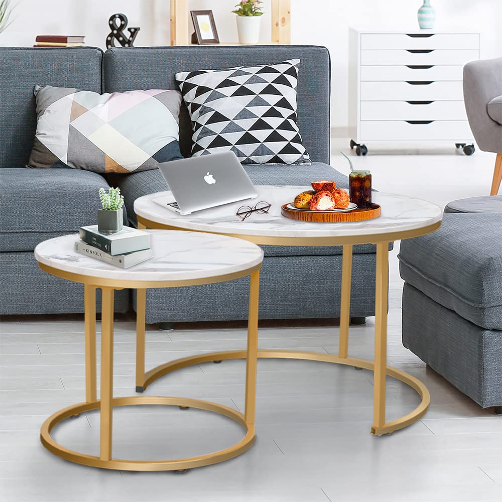 aboxoo Coffee Table Nesting White Set of 2 Side Set Golden Frame Circular Round and Marble Pattern Wooden Tables, Living Room Bedroom Apartment Modern