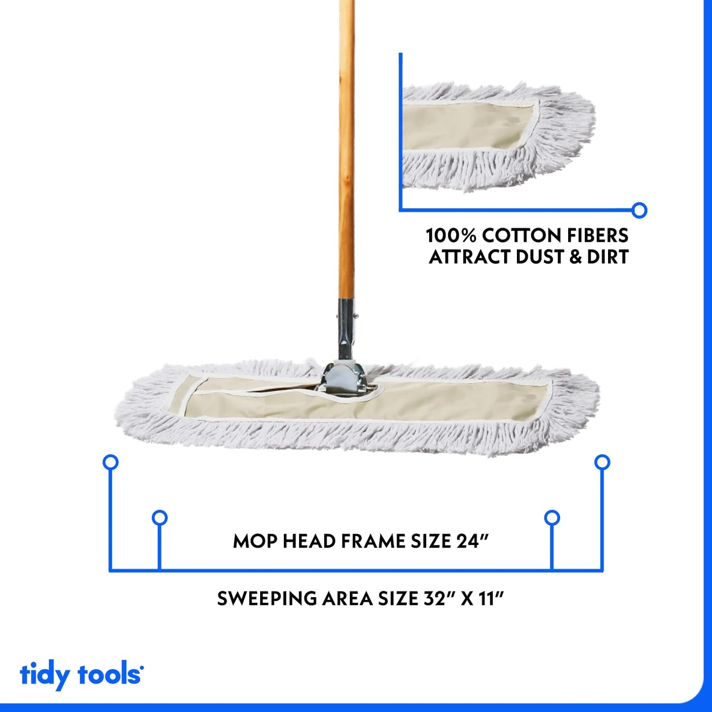 Tidy Tools Commercial Dust Mop & Floor Sweeper, 24 in. Dust Mop for Hardwood Floors, Cotton Reusable Dust Mop Head, Wooden Broom Handle, Industrial Dry Mop for Floor Cleaning & Janitorial Supplies…