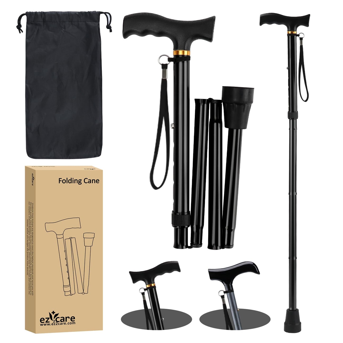 Ez2care Walking Stick- Adjustable Lightweight Walking Cane, Collapsible Portable Mobility Aids for Seniors, Adults, Disabled, Elderly, Foldable Travel Walking Stick for Men and Women(Black)