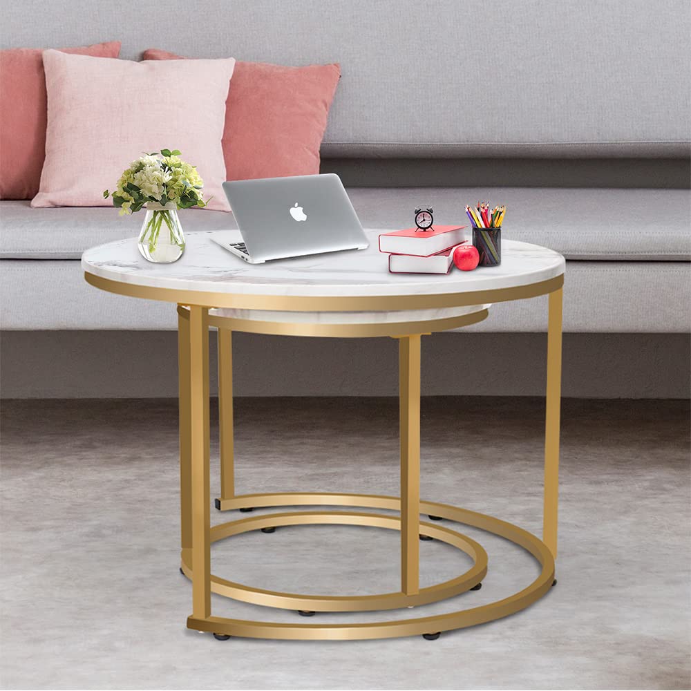 aboxoo Coffee Table Nesting White Set of 2 Side Set Golden Frame Circular Round and Marble Pattern Wooden Tables, Living Room Bedroom Apartment Modern