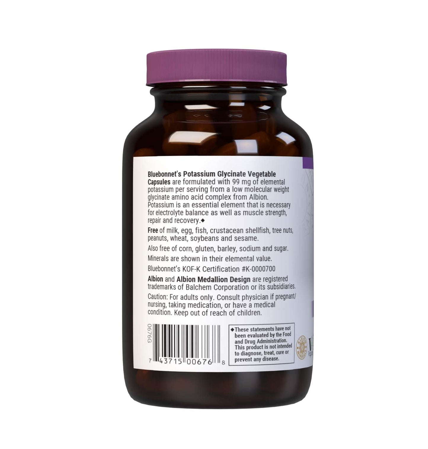 BlueBonnet Albion Potassium Glycinate Vegetarian Capsules, 99 mg, 90 Count