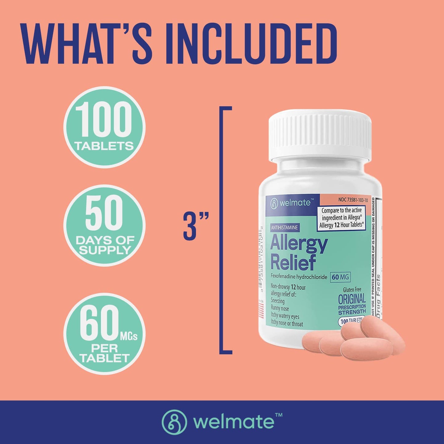 WELMATE Allergy Relief | Fexofenadine HCl 60 mg Non-Drowsy Antihistamine | 100 Count Tablets | 12 Hour All Day Support