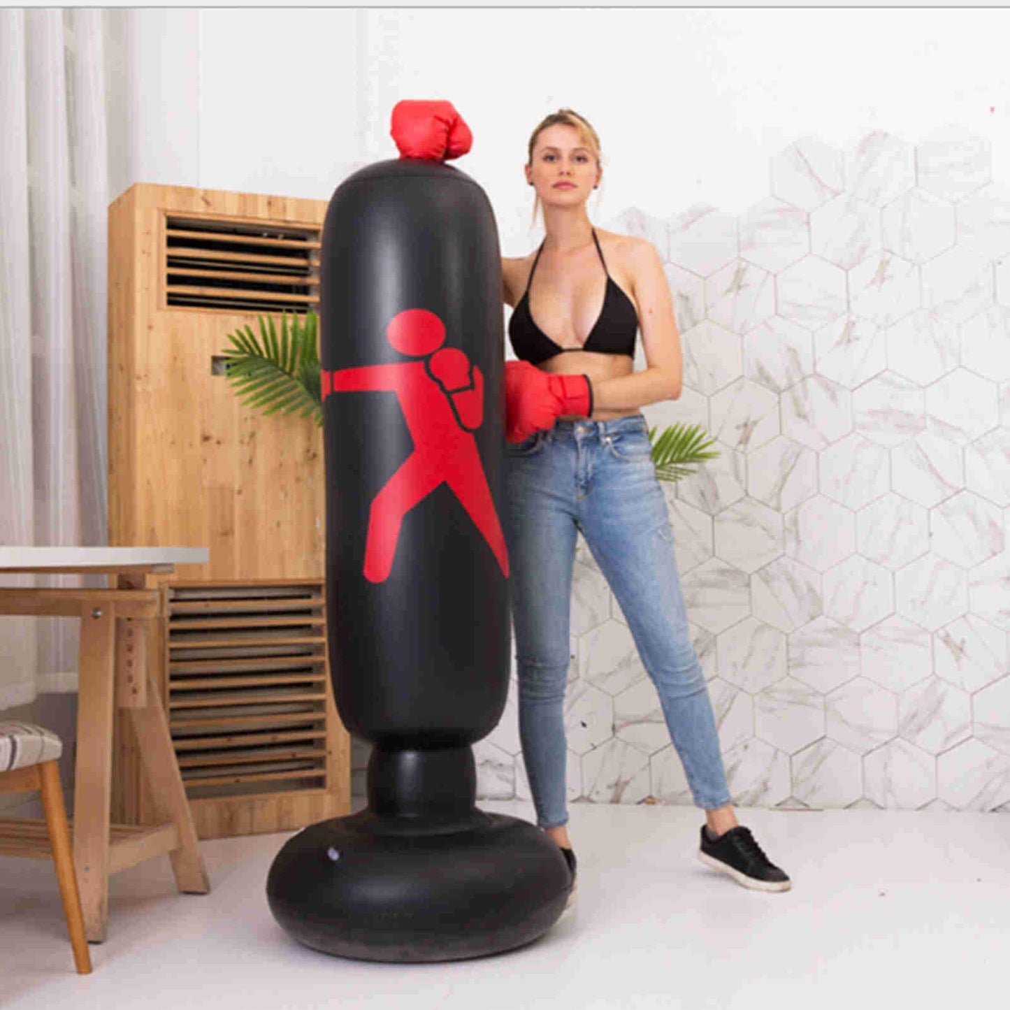 Shlia 62.4-Inch Inflatable Boxing Column Vertical Adult Inflatable Boxing Punching Bags Inflatable Tumbler (Includes PU Leather Adult Boxing Gloves and 4-inch Foot Pump.) (Black)