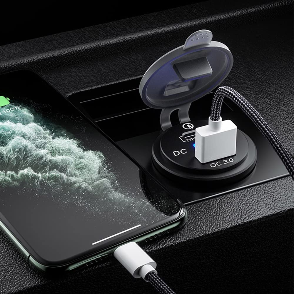 GemCoo 63W USB C Car Charger Socket, 45W PD Outlet 18W Quick Charge 3.0 USB Charger Socket, USB Cigarette Lighter Socket with LED Voltmeter Car USB Port 12V Socket for Car RV Boat Marine Truck Golf
