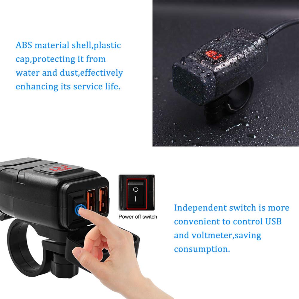 SAE to USB Adapter Motorcycle Handlebar Phone Charger Waterproof BUENNUS Smart Quick Charge 3.0 Easy Disconnect Power Outlet Plug with Voltage Meter Dual QC3.0 USB Charger