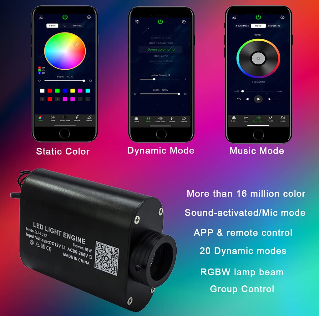 AZIMOM LED Bluetooth 16W RGBW Fiber Optic Light Star Ceiling Kits 150pcs 0.03in 6.5ft Sensor Music Mode Remote/APP Control Car Use Home Headliner Lighting Decoration