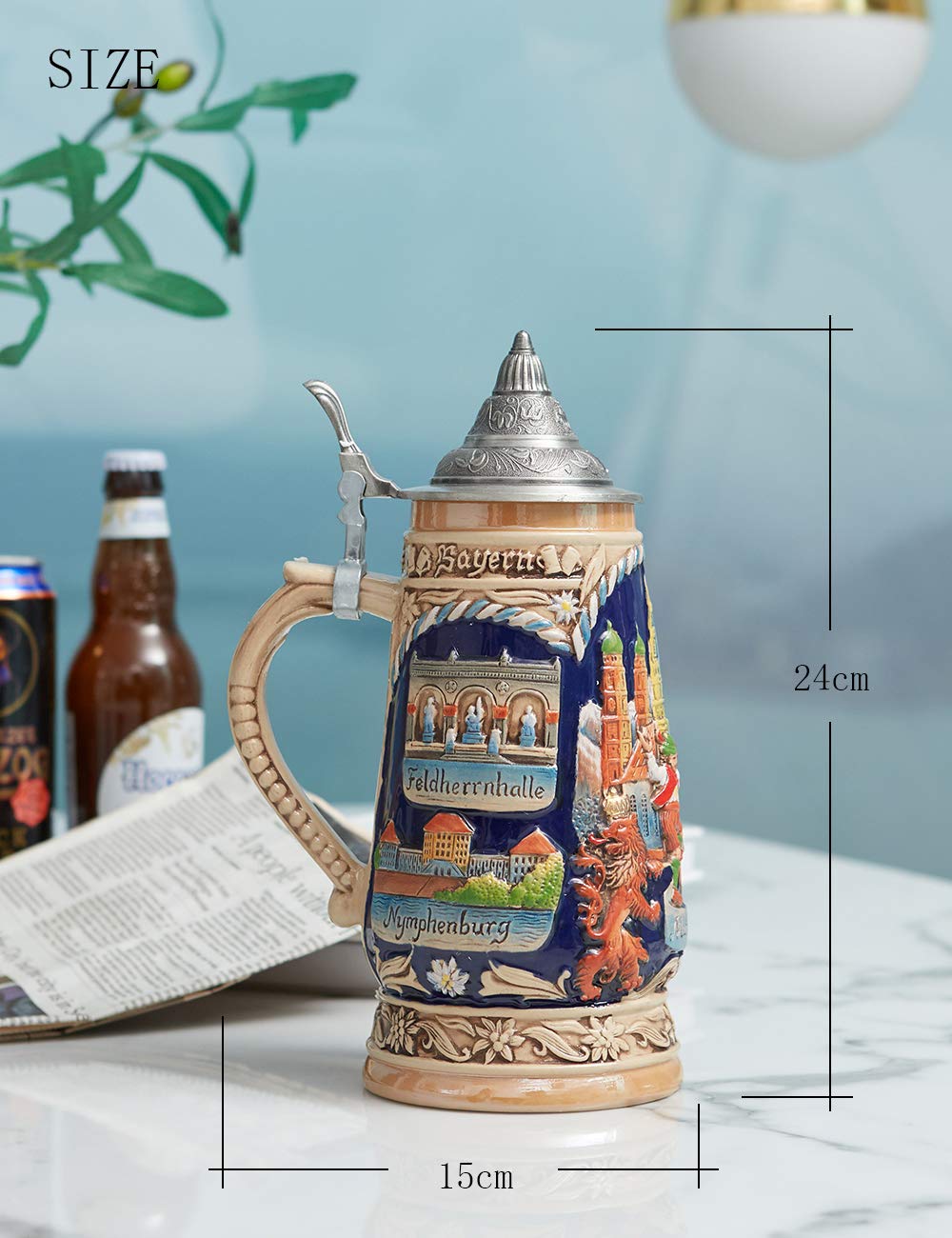 HAUCOZE Beer Stein Mug German Munich Bavarian Drinking Stanley Viking Tankard with Petwer Lid for Birthday Gifts Men Father Husband 1.0Liter