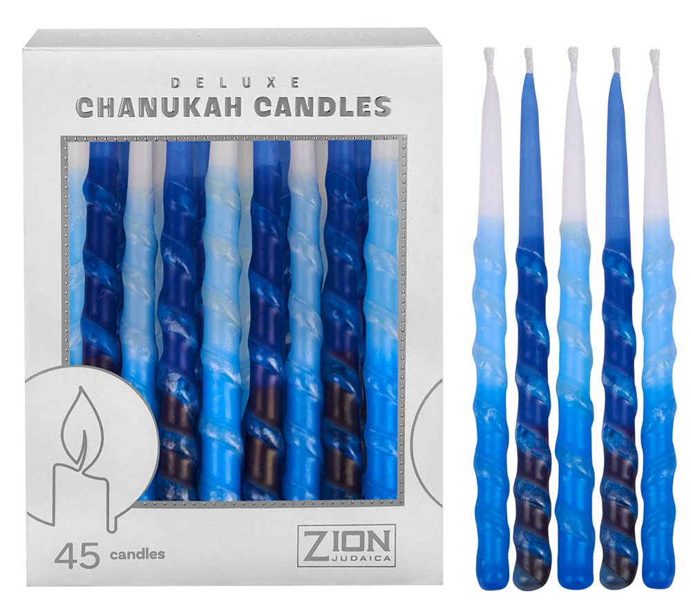 Zion Judaica Ltd Set of 45 Dripless Hanukkah Candles Spiral Candle Includes a DIY Dreidel, Prayer Card, Standard Size Menorah Candles for Eight Nights of Chanukah, Multi Tone Blue and White Ombre