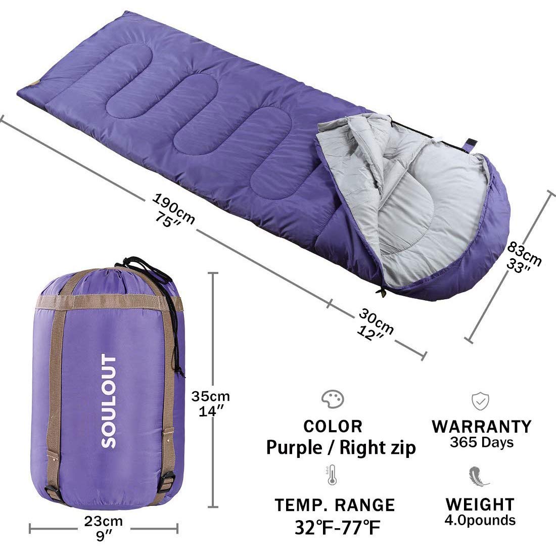 Envelope Sleeping Bag,3-4 Seasons Warm Cold Weather Lightweight, Portable, Waterproof Compression Sack for Adults & Kids - Indoor & Outdoor Activities: Traveling, Camping, Backpacking, Hiking, Purple