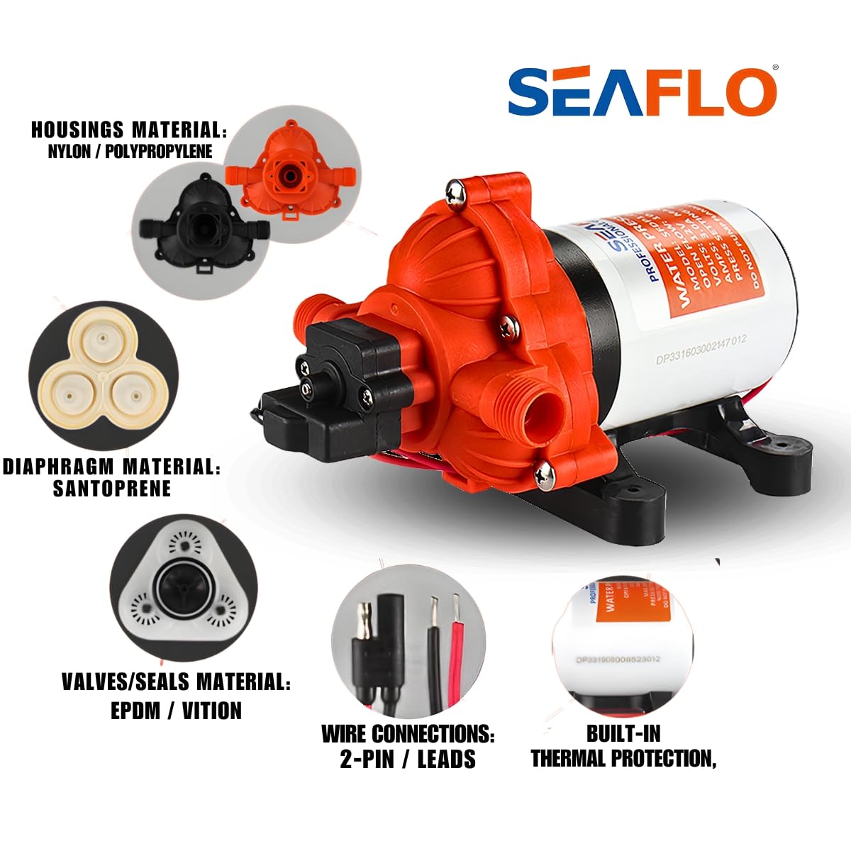 SEAFLO Water Diaphragm Self Priming Pump 3.0 Gallons/min (10.6 Lpm) 45 PSINew Rv/Marine 12 Volt Dc / 12 V Demand Fresh
