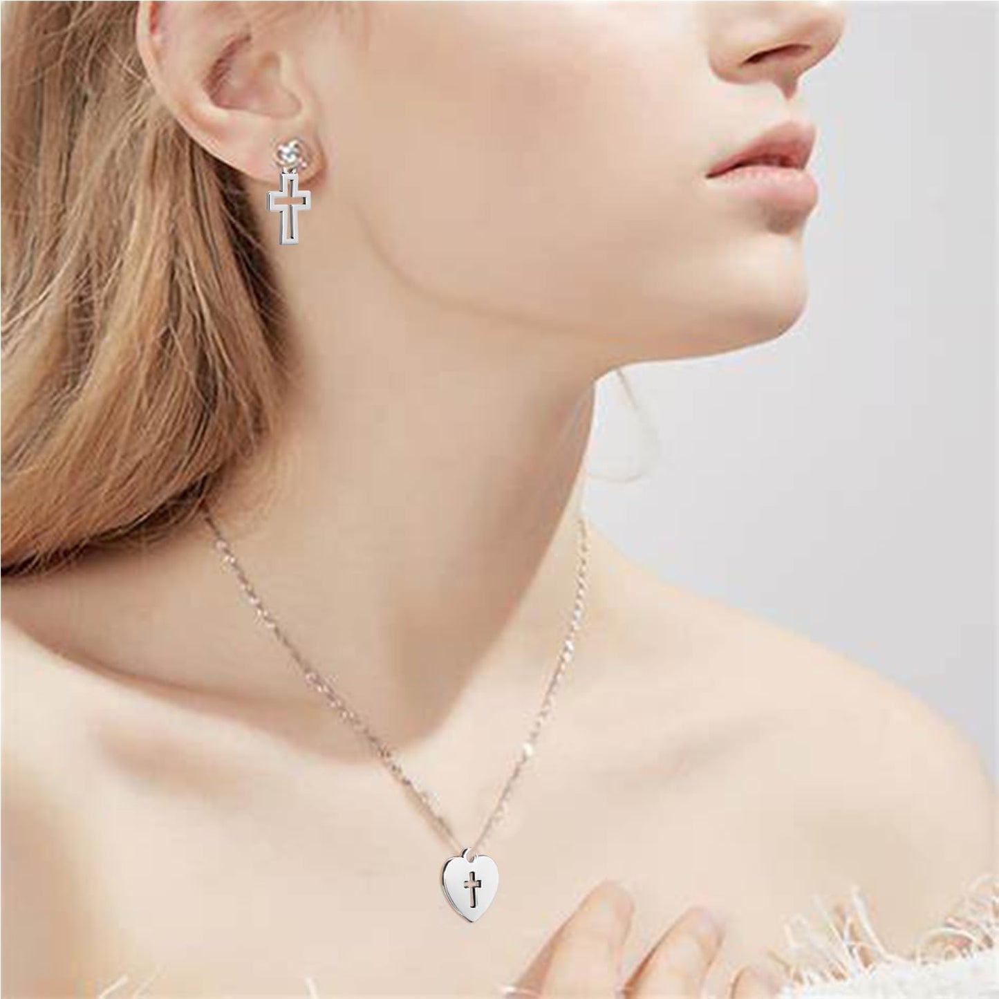 BENBO 100Pcs Silver Religious Charms Mini Cross Charms Heart Shaped Religious Charms Mini Metal Christian Charms with Box for DIY Bracelet Necklace Earrings Jewelry Making, 2 Styles