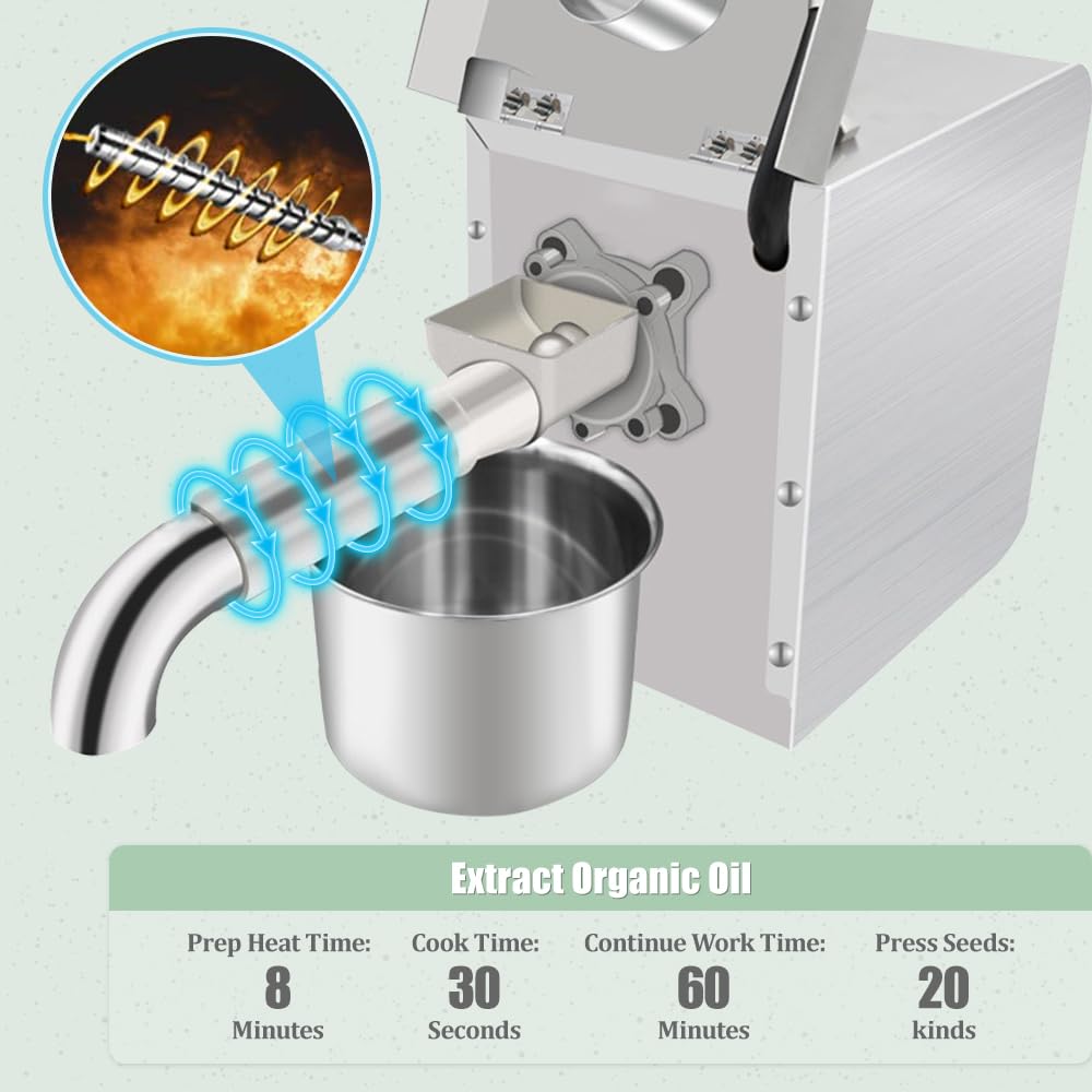 Kitchen Oil Press Machine Electric Automatic Oil Press Extractor Organic Oil Expeller for Avocado Coconut Flax Peanut Castor Perilla Seed Canola Sesame Commercial Grade1500W
