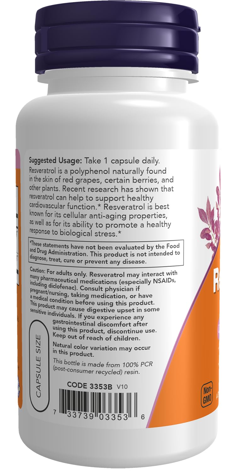 NOW Foods Supplements, Natural Resveratrol 200 mg with Red Wine Extract, 60 Veg Capsules