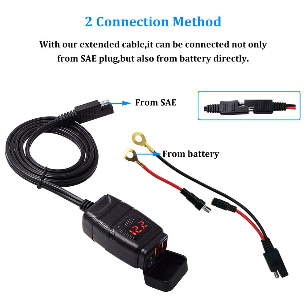 SAE to USB Adapter Motorcycle Handlebar Phone Charger Waterproof BUENNUS Smart Quick Charge 3.0 Easy Disconnect Power Outlet Plug with Voltage Meter Dual QC3.0 USB Charger