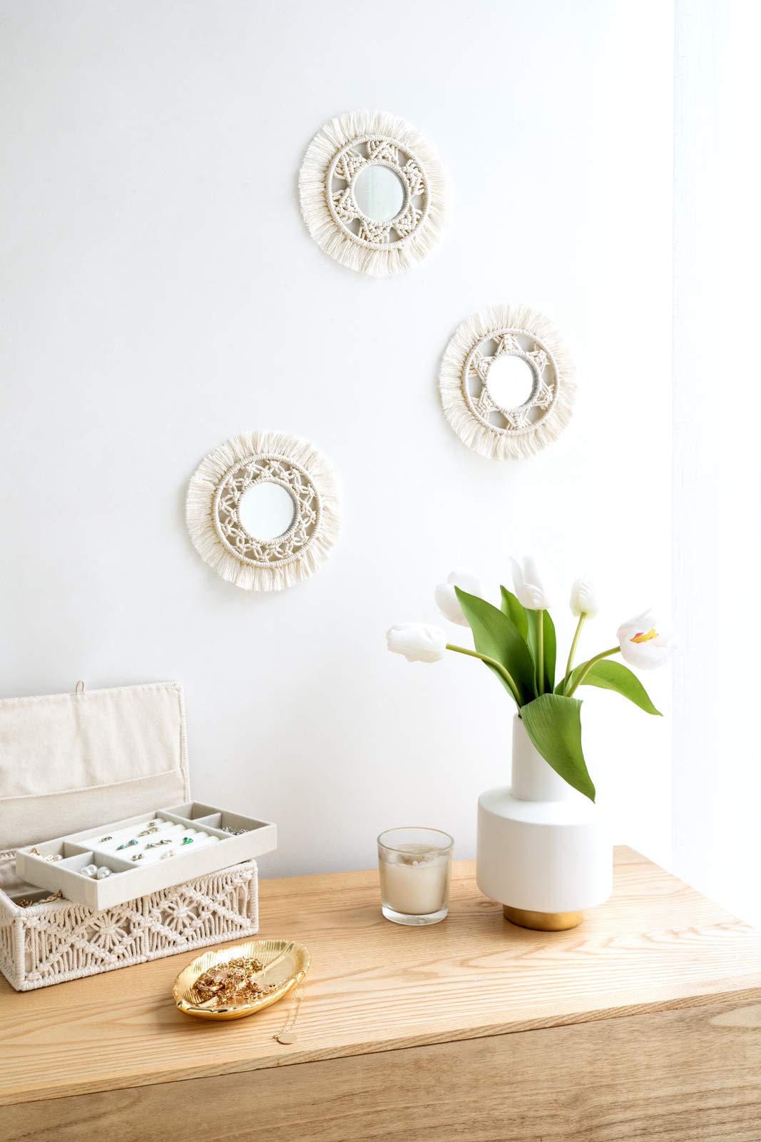 Mkono Mini Round Wall Mirror with Macrame Fringe Set of 3 Small Wall Hanging Circle Mirror Boho Home Decor for Apartment Living Room Bedroom Baby Nursery,Beautiful Gift Ideas, 2.7''D, X-Small