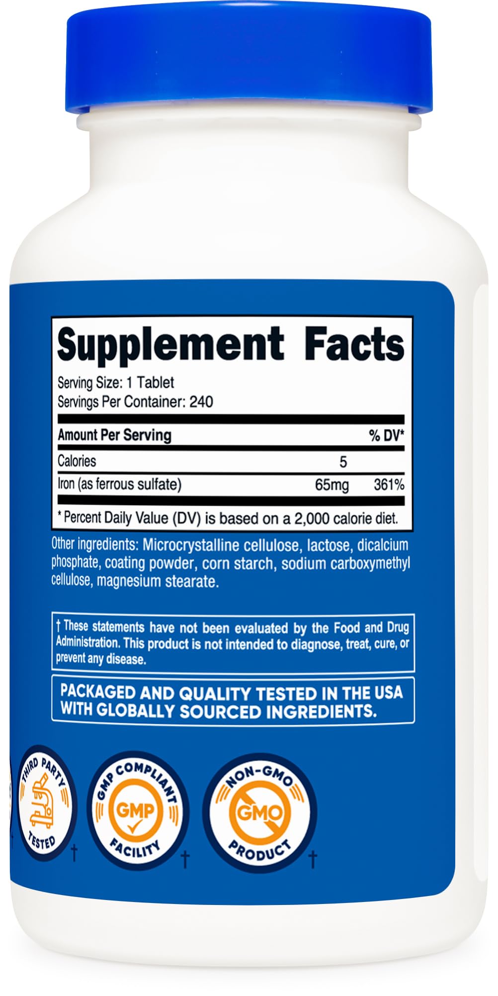 Nutricost Iron (As Ferrous Sulfate) 65mg, 240 Tablets - Non-GMO, Gluten Free