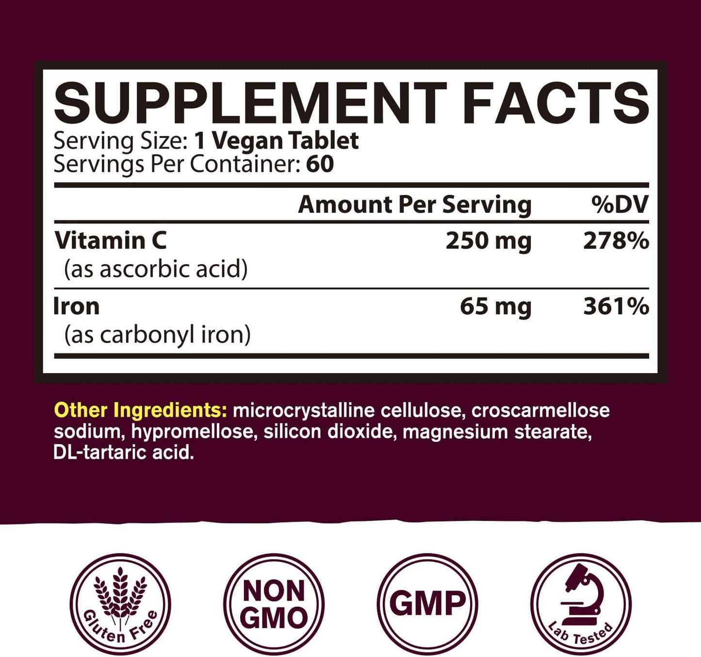 Vitacook Iron Supplement for Women Men, High Potency Iron 65mg with Vitamin C 250mg, Slow Release Stomach Friendly Iron Pills for Red Blood Cell & Immune Support, Non-GMO, Gluten Free, 60 Vegan Tabs