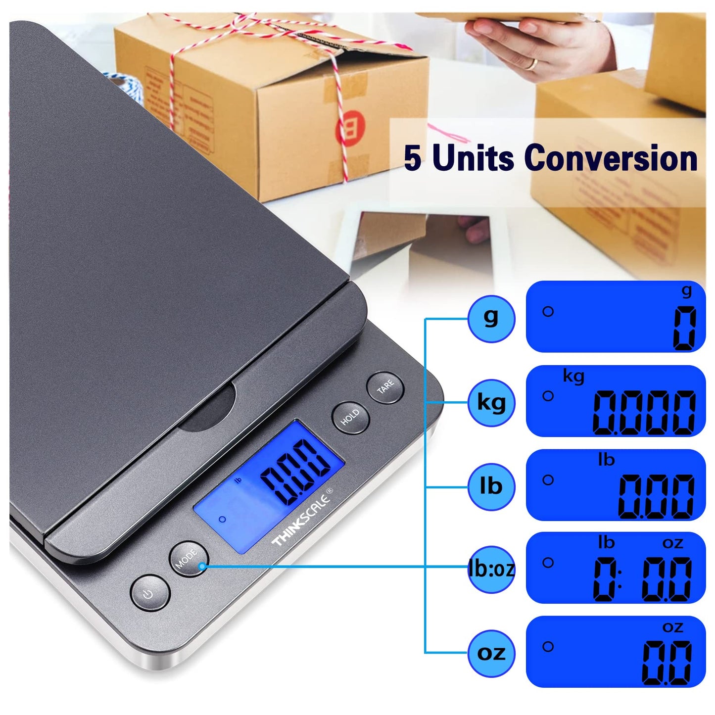 THINKSCALE Shipping Scale, 86lb/0.1oz Postal Scale with Hold and Tare, Scale for Packages, LCD Display, Postage Scale, Mail Scale, Shipping Scale for Small Business, Batteries & AC Adapter