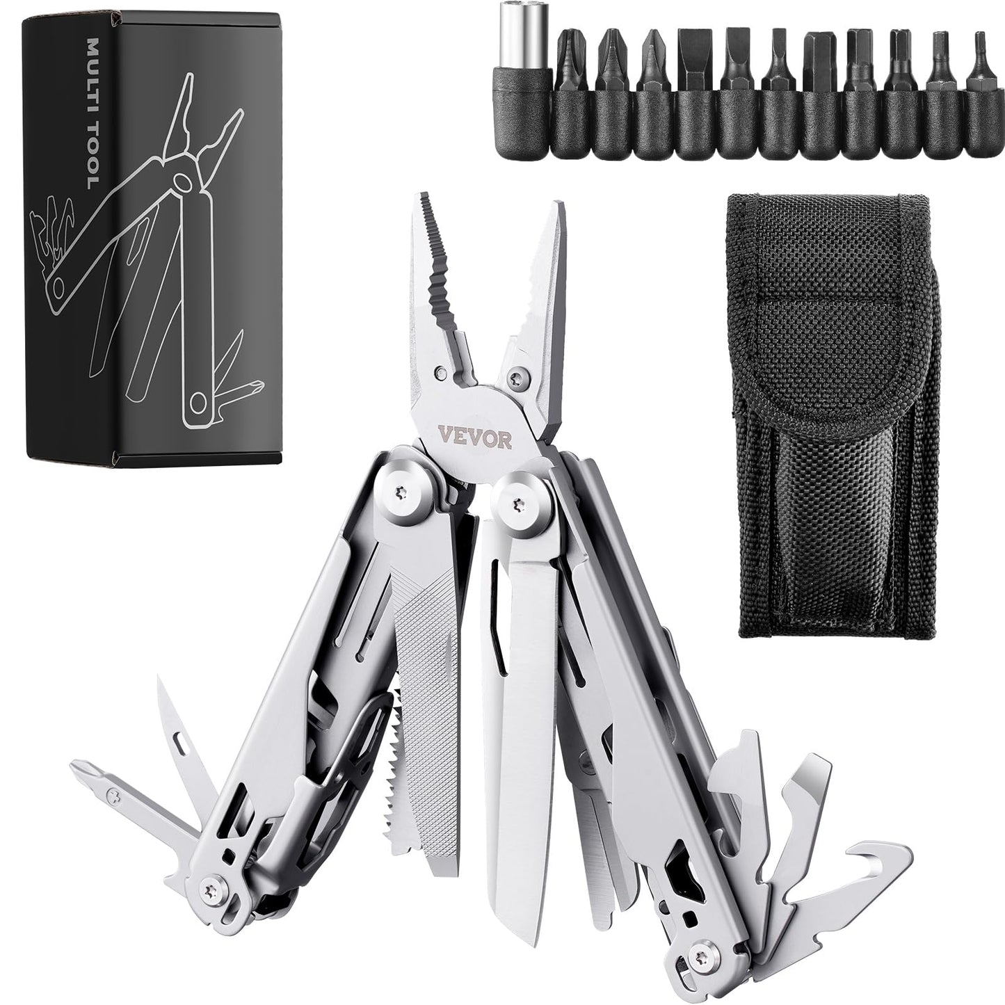 VEVOR 29-in-1 Multitool Pliers,Stainless Steel Multi Tool Pocket K-nife,Self-locking Multitool Pliers with Sheath & Replaceable Screwdrivers Bits -Perfect for Outdoor Survival, Camping, Hiking