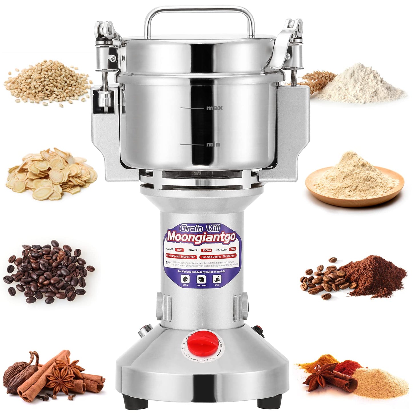 Moongiantgo Grain Mill Grinder Electric 700g Commercial Spice Grinder 2500W Stainless Steel Pulverizer Dry Grinding Machine for Wheat Corn Rice Pepper Herbs Coffee Beans (700g Upright, 110V)