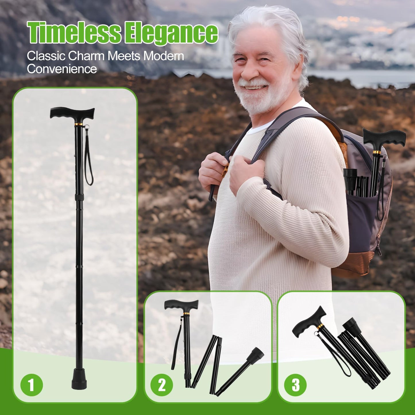 Ez2care Walking Stick- Adjustable Lightweight Walking Cane, Collapsible Portable Mobility Aids for Seniors, Adults, Disabled, Elderly, Foldable Travel Walking Stick for Men and Women(Black)
