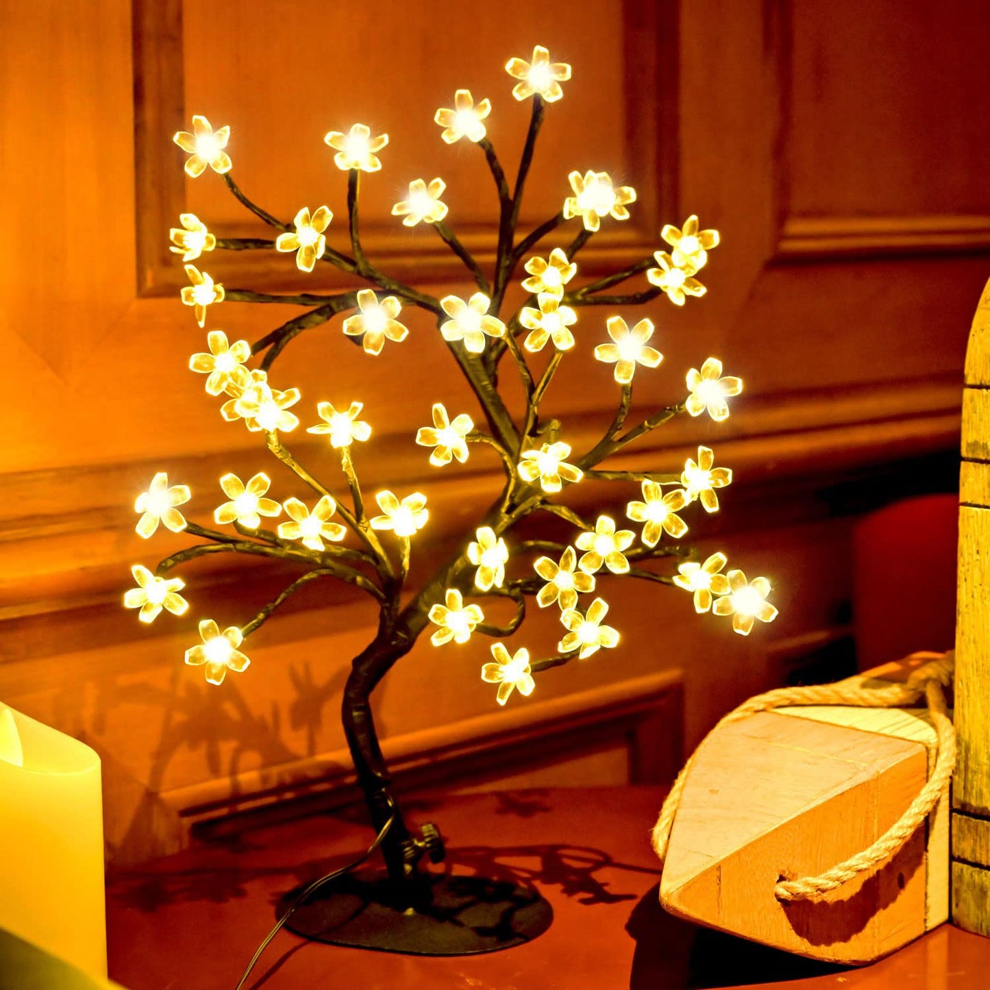 ZHOUDUIDUI Cherry Blossom Tree Light,17inch 40LED Lighted Tabletop Artificial Flower Bonsai Tree Lamp USB Powered Gifts for Home Decor Room Office Party Wedding Christmas Decorations(Warm White)