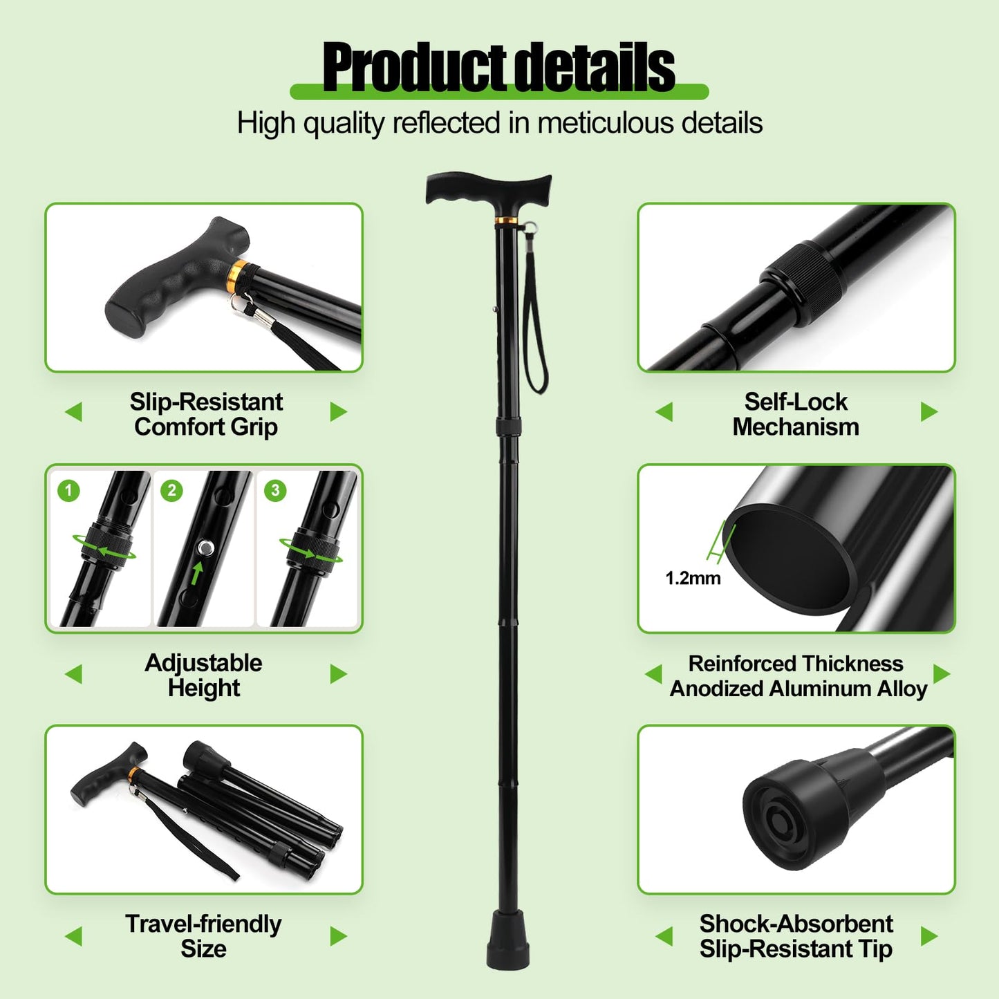 Ez2care Walking Stick- Adjustable Lightweight Walking Cane, Collapsible Portable Mobility Aids for Seniors, Adults, Disabled, Elderly, Foldable Travel Walking Stick for Men and Women(Black)