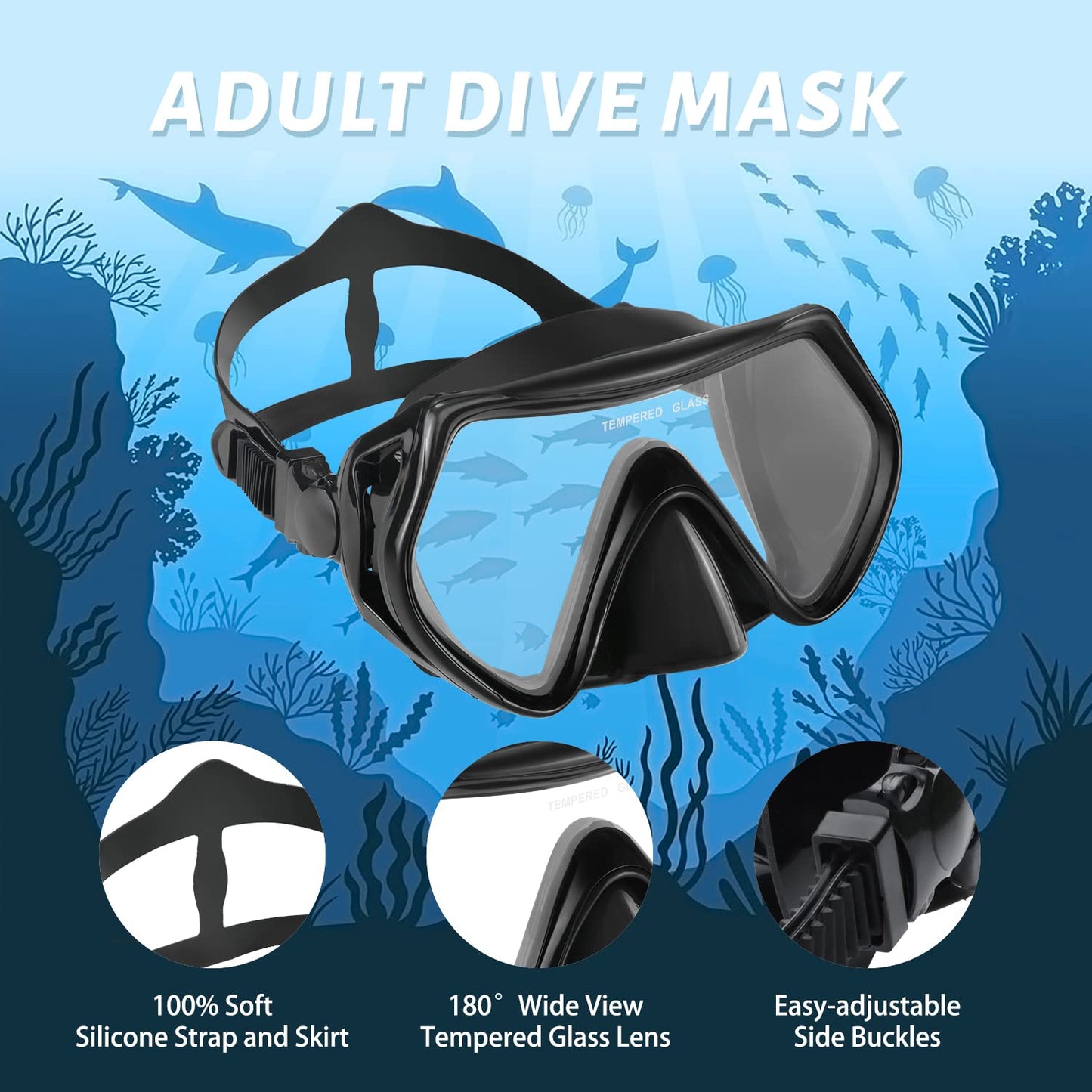 Supertrip Snorkel Mask Adult Swimming Goggles with Nose Cover for Men Women Youth, 180°Clear View Scuba Swim Mask (Black)