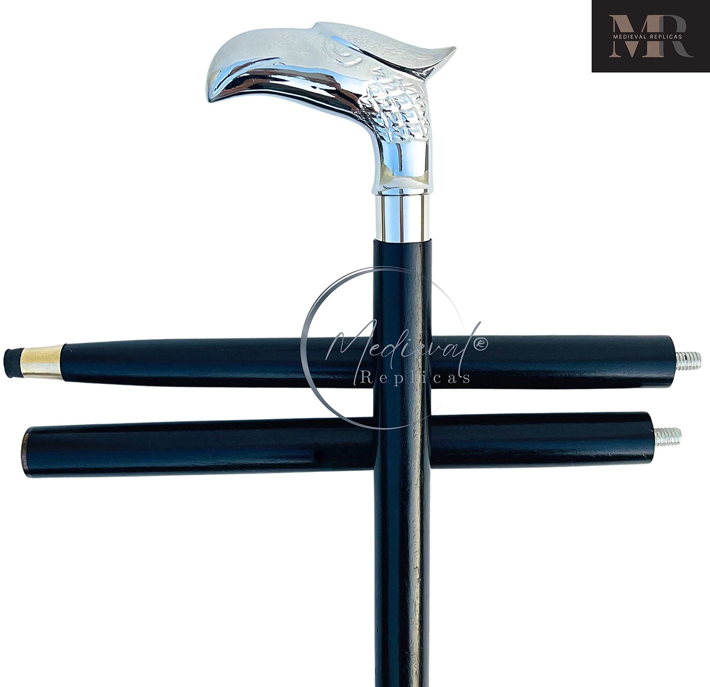 Medieval Replicas Wooden 37" Decorative Walking Cane Walking Stick Premium Quality Rare Eagle Head Decorative Prop with Nickel Plated Brass Handle (Symbol of Power and Strength) Unique Gifts