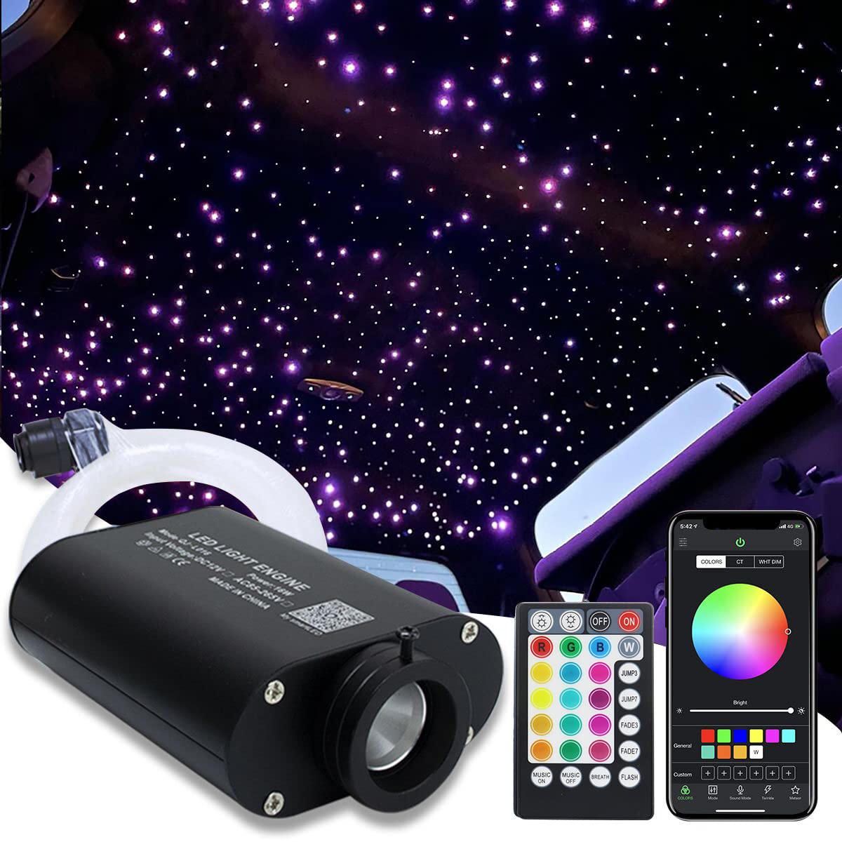 AMKI 16W Fiber Optic Lights,Starlight Headliner Light Kit APP/Remote Control Sound Activated Mode for Car&Home Decoration,Optical Fiber Cable Strands