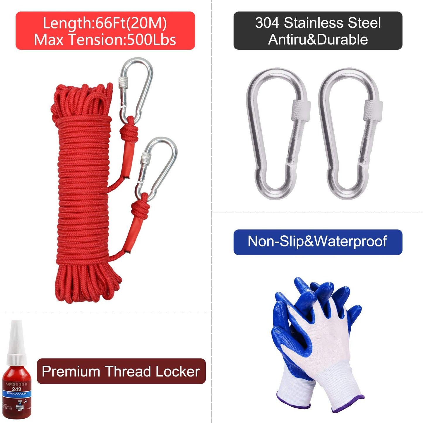 Magnet Fishing with 500Lbs(227Kg) Fishing Magnets with Rope - Includes Pulling Force Fishing Magnet,20m (65 Foot) Durable Rope with Two Carabiner, Non-Slip Protective Gloves & Threadlocker