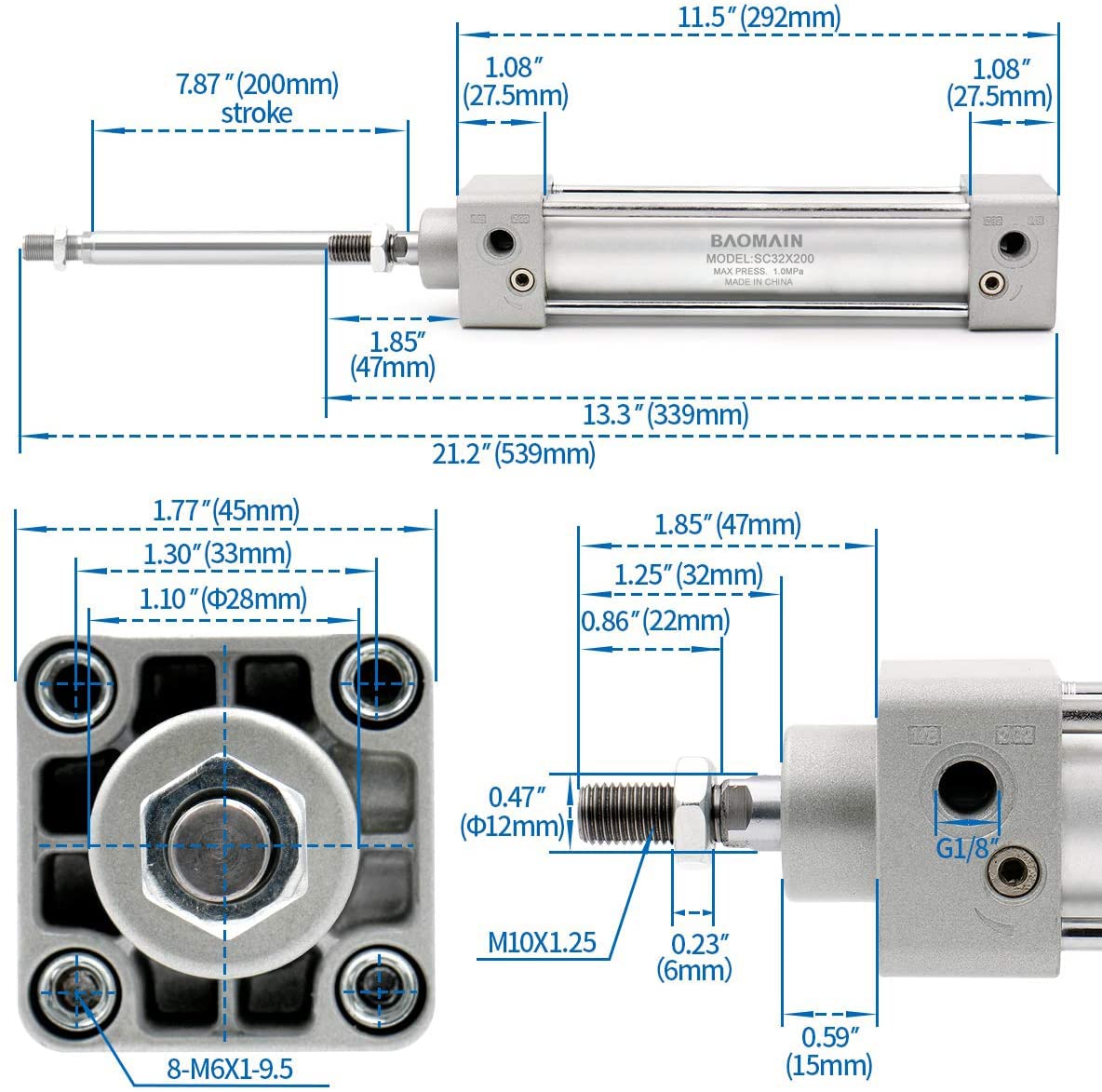 Baomain Pneumatic Air Cylinder SC 32-200 32mm Bore 200mm Stroke Screwed Piston Rod Dual Action (1PCS)