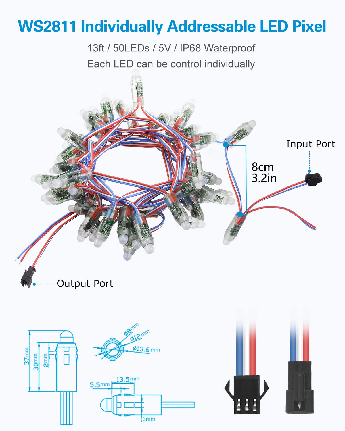 ALITOVE WS2811 12mm Diffused Digital RGB LED Pixel Light 5V Individually Addressable Round Bullet LED Pixels Module IP68 Waterproof DC 5V 50pcs/Set