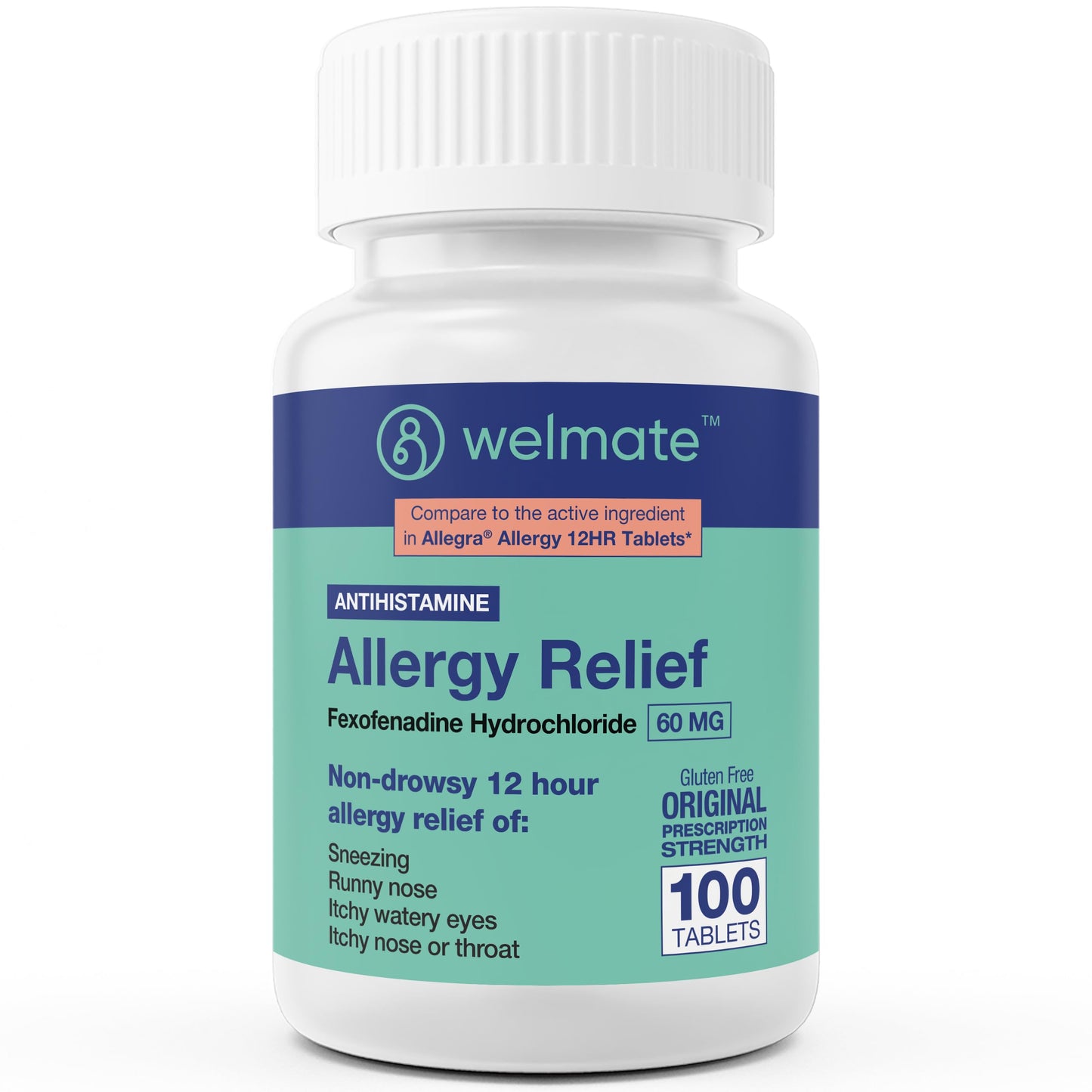 WELMATE Allergy Relief | Fexofenadine HCl 60 mg Non-Drowsy Antihistamine | 100 Count Tablets | 12 Hour All Day Support