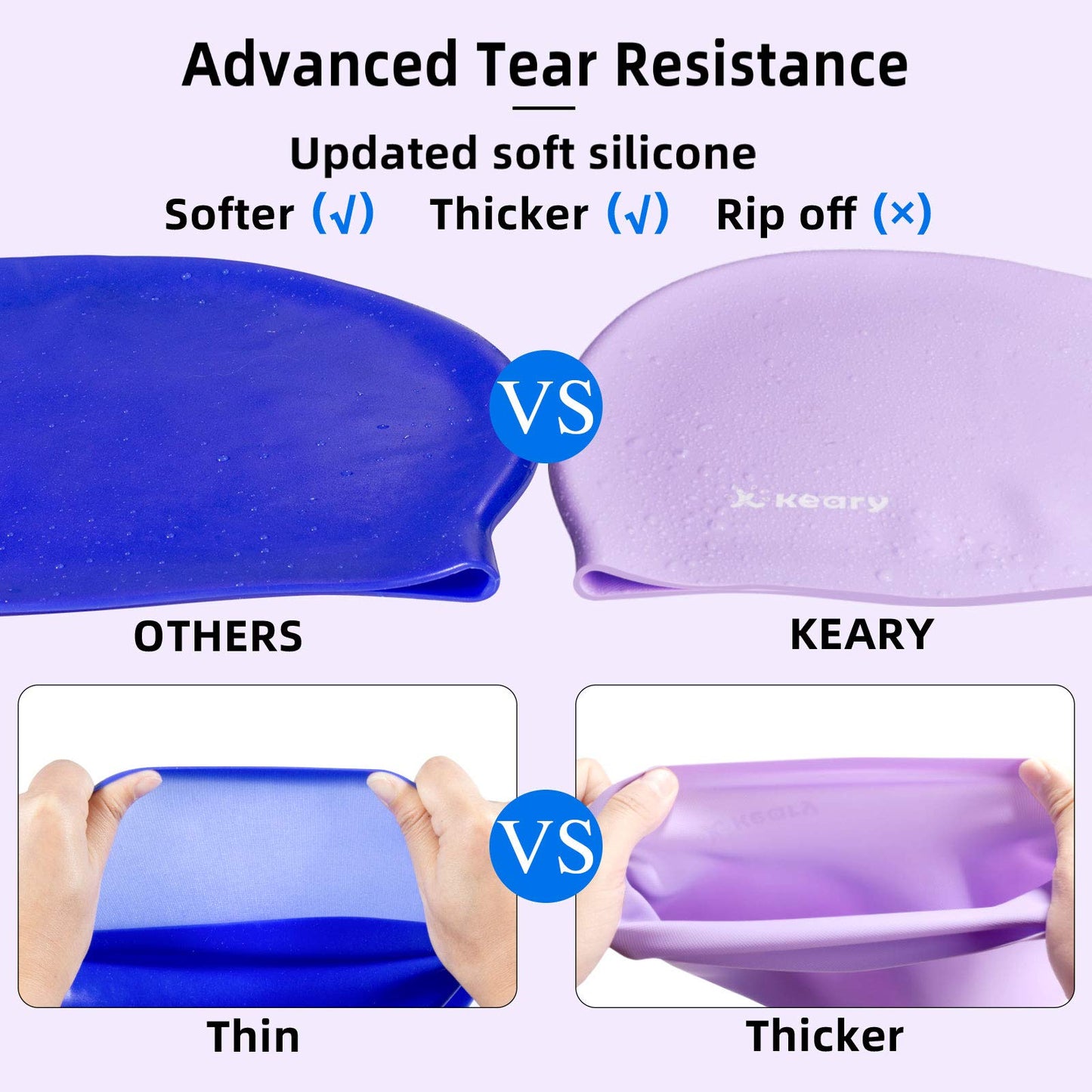 Keary 2 Pack Silicone Swim Cap for Long Hair Women Girls Waterproof Pool Swimming Cap Cover Ears to Keep Your Hair Dry, 3D Ergonomic Stretchable Durable and Anti-Slip, Easy to Put On and Off