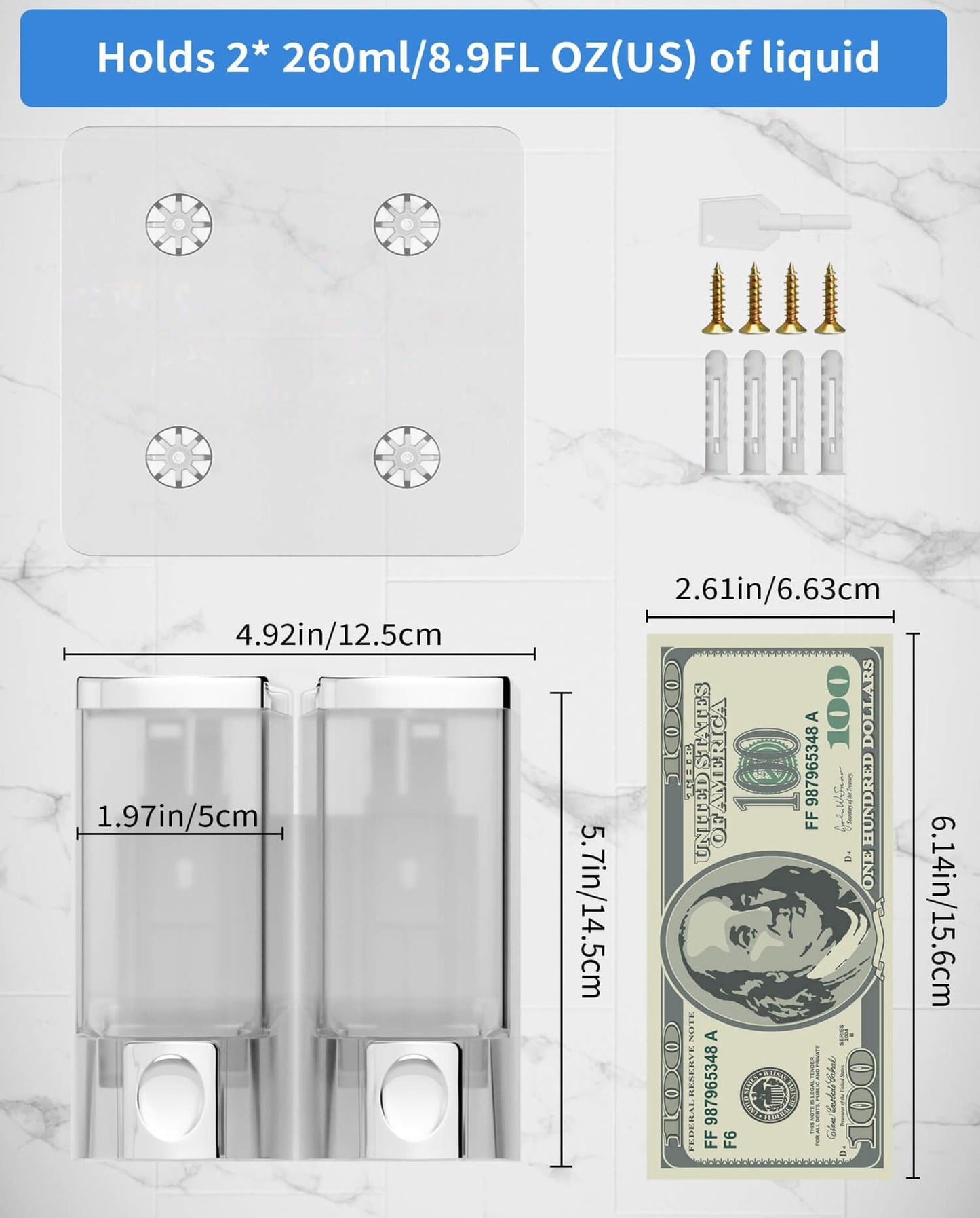 EADAS-ELBOW Shampoo and Conditioner Dispenser wall Mount, 2*8.9FL.OZ Shower Soap Dispenser wall Mounted Transparent Shampoo Dispenser for Shower, Shower Dispenser Soap Organizer, Body Wash Dispenser