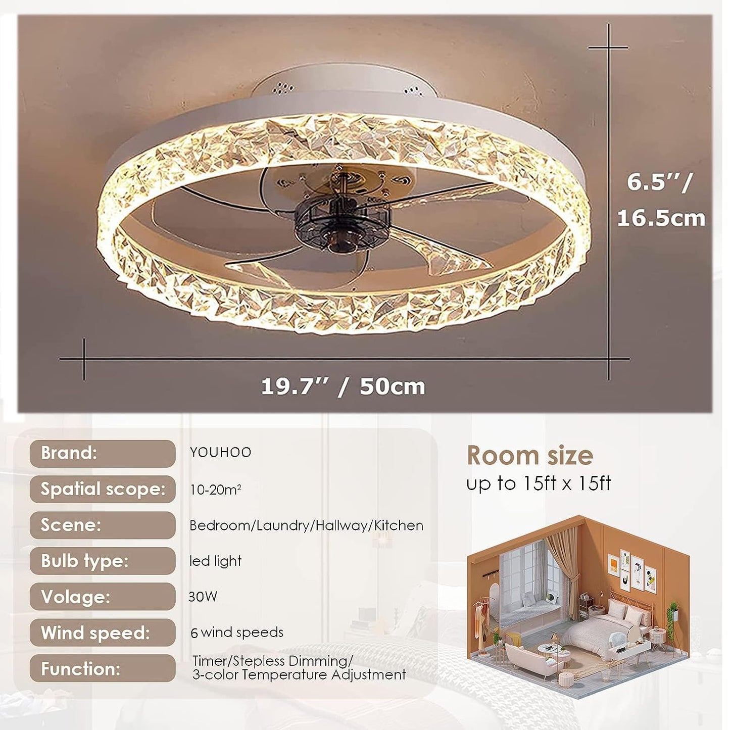 YOUHOO 19.7" Ceiling Fan with Lights, Dimmable LED 3 Color 6 Speeds Timing Reversible Blades with Remote Control, Household Fan Chandelier, indoor Low Profile Flush Mount Ceiling Fan