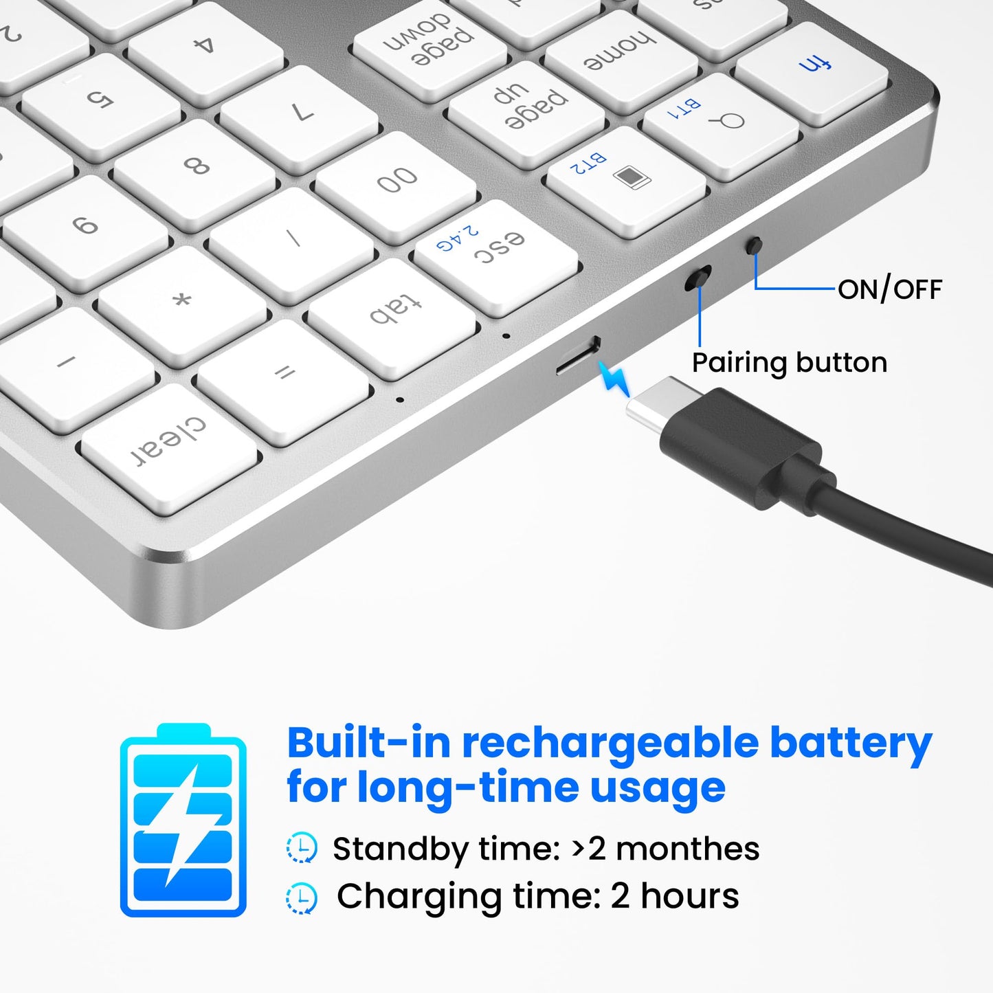 JPHTEK Bluetooth Number Pad, Aluminum Rechargeable Wireless Numeric Keypad Slim 35 Keys External Numpad Keyboard Data Entry for Laptop, MacBook, MacBook Air/Pro, iMac, Windows (White)