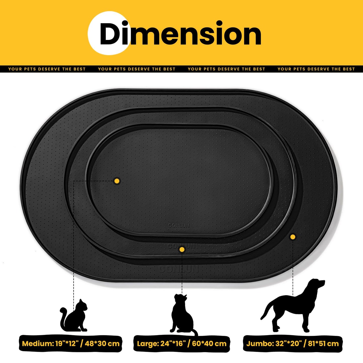 Conlun Silicone Dog Food Mat, Waterproof Rubber Pet Feeding Mat for Dog and Cat, Anti-Slip Dog Cat Bowl Mat with Raised Edge, Avoid Water Or Food Spilling Out, Dishwasher Safe