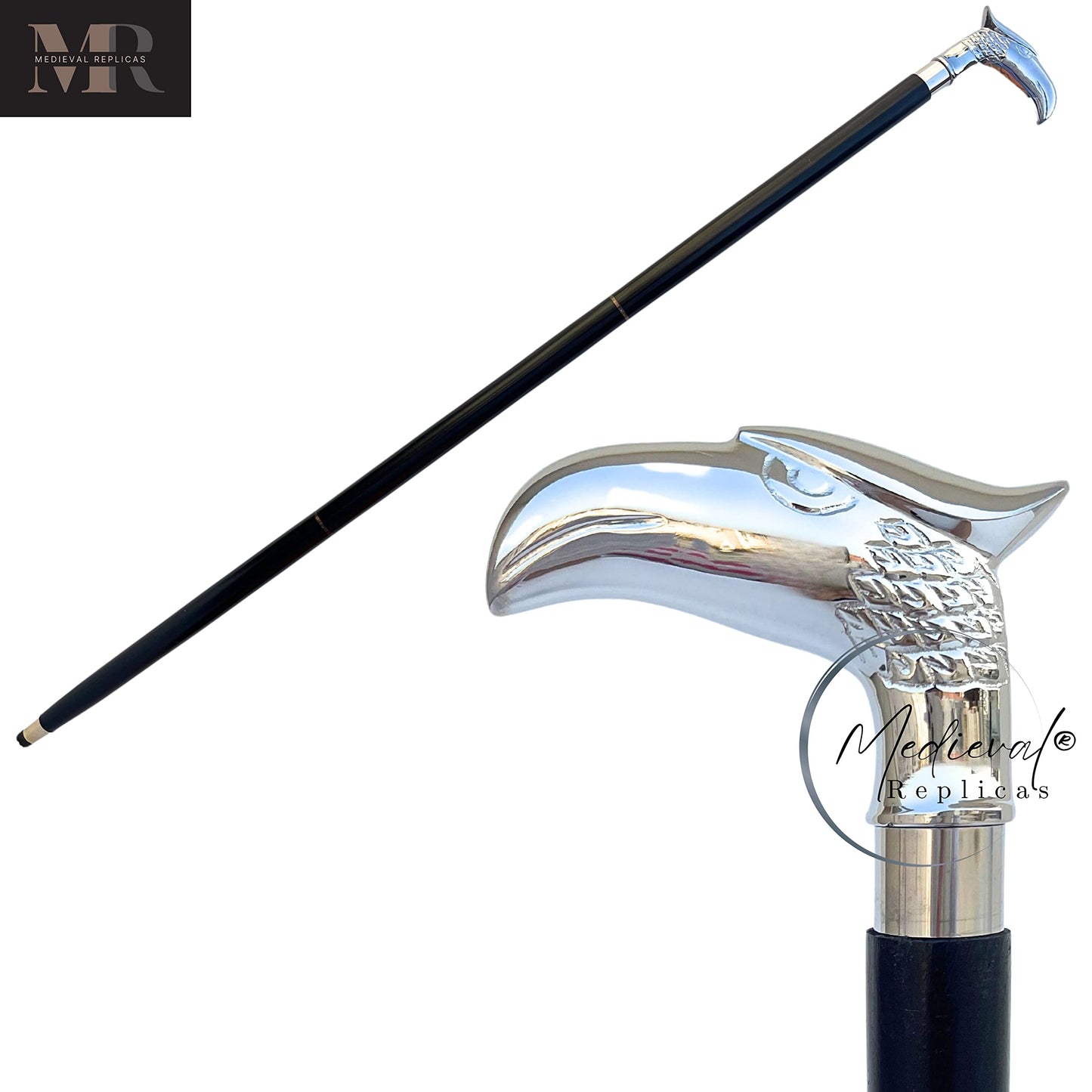 Medieval Replicas Wooden 37" Decorative Walking Cane Walking Stick Premium Quality Rare Eagle Head Decorative Prop with Nickel Plated Brass Handle (Symbol of Power and Strength) Unique Gifts