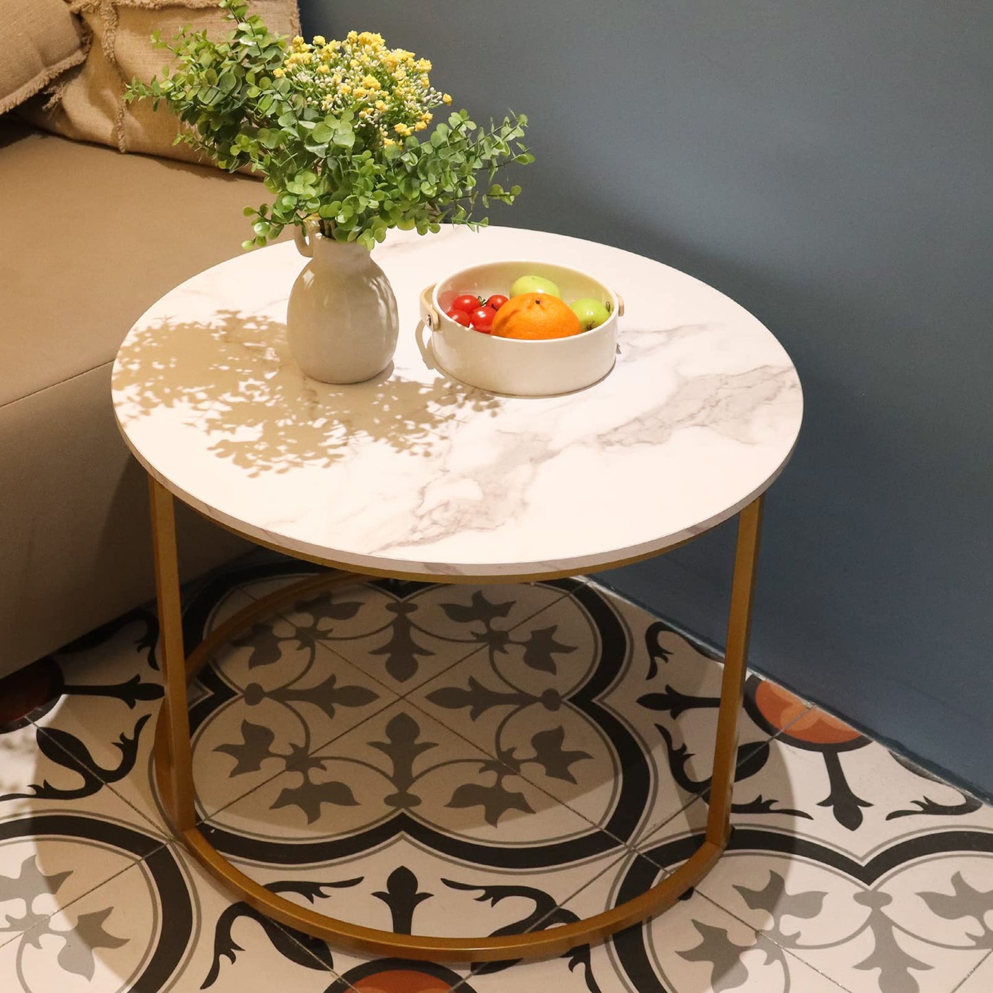 aboxoo Coffee Table Nesting White Set of 2 Side Set Golden Frame Circular Round and Marble Pattern Wooden Tables, Living Room Bedroom Apartment Modern