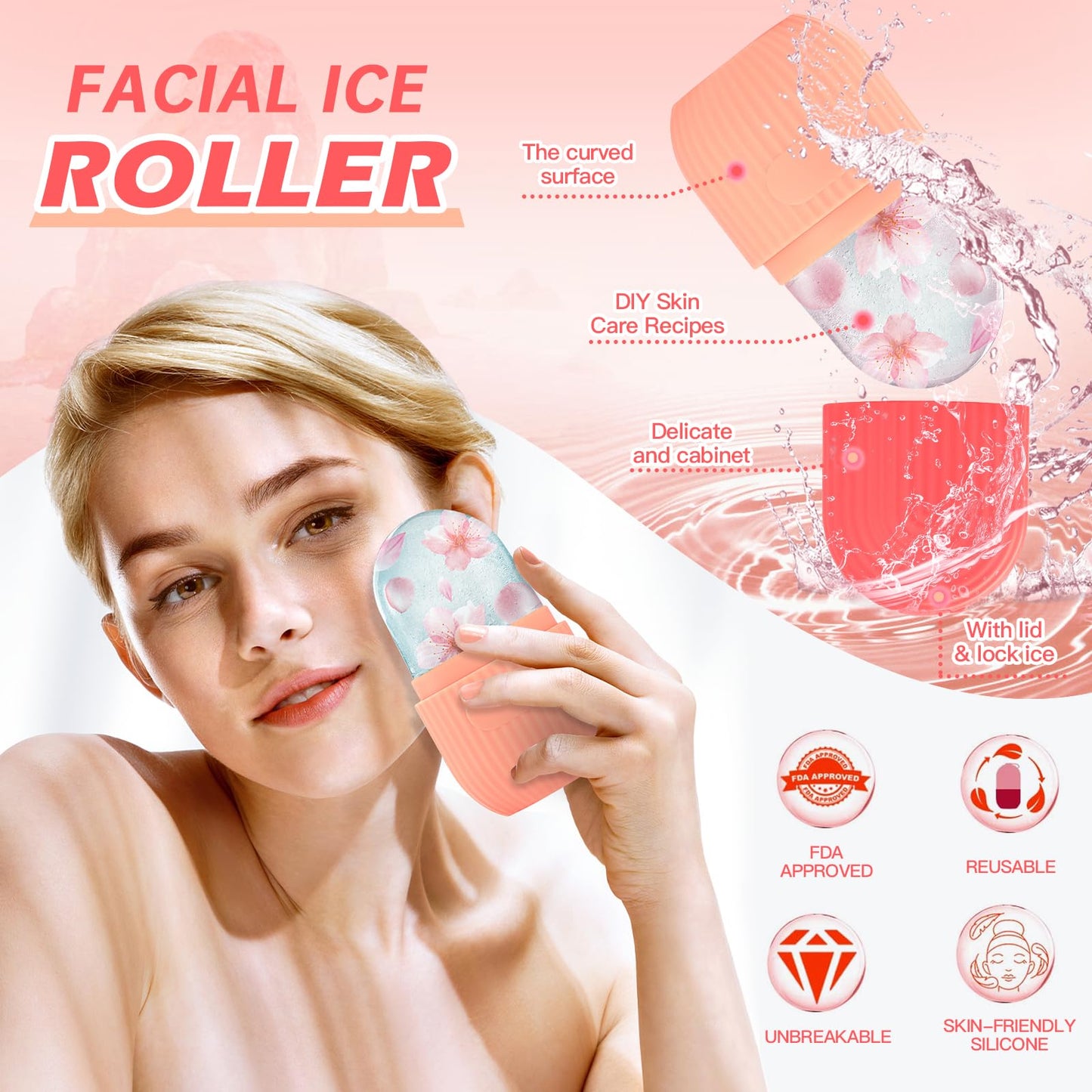 Ice Roller for Face and Eye, Upgrated Ice Face Roller Puffiness Relief Ice Roller Skin Care Tools, Ice Facial Cube, Gua Sha Face Massage, Silicone Ice Mold for Face Beauty (Red)