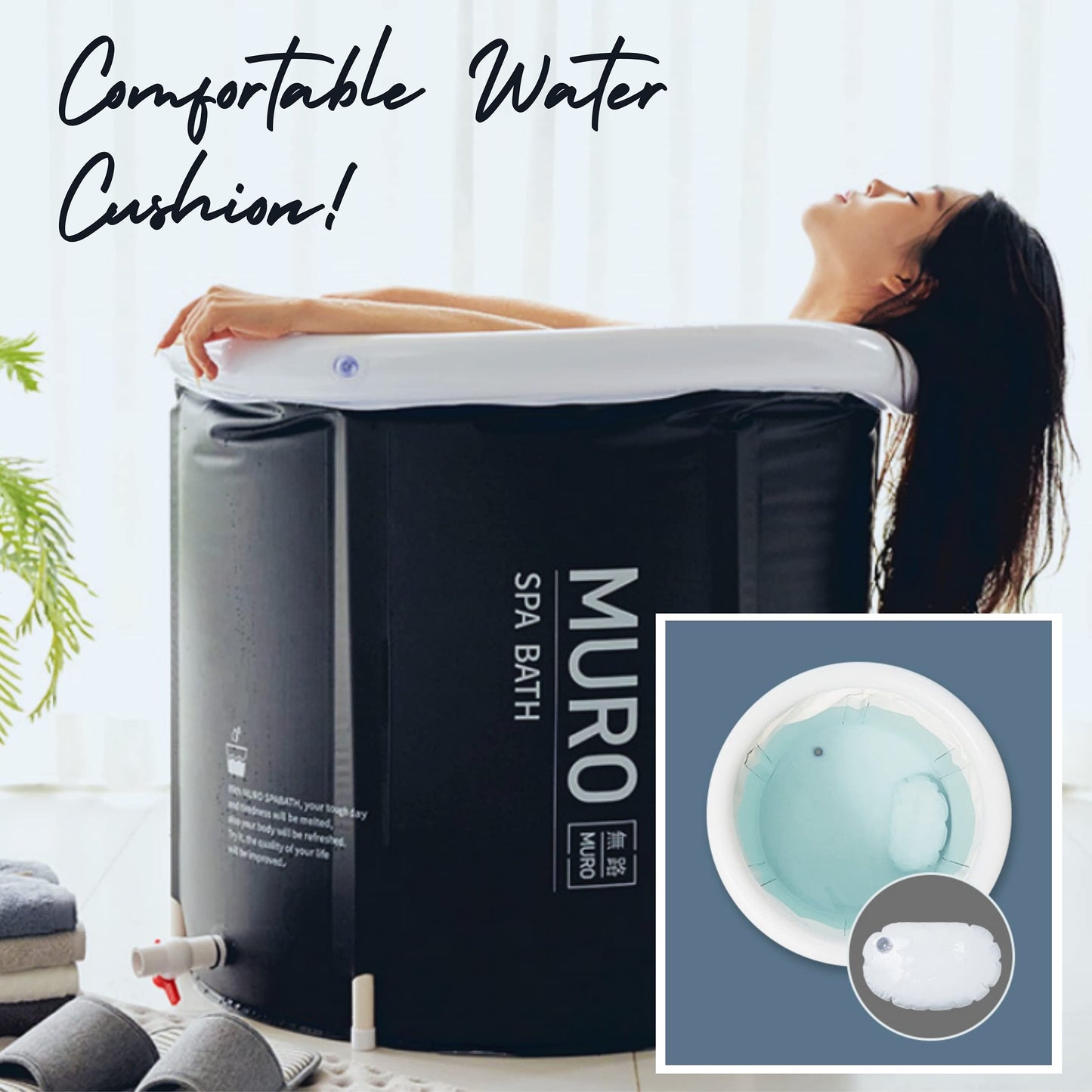 MURO Portable Bathtub for Adults, Foldable Freestanding Spa Bathtub for Soaking in Shower Stall, 3 Layer for Insulation, Black, Includes Bonus Cushion