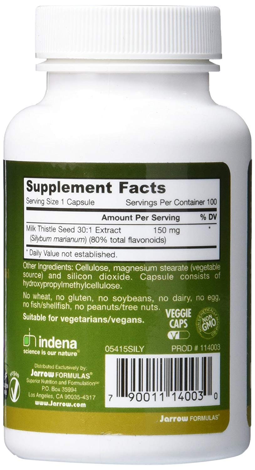 Jarrow Formulas Milk Thistle 150 mg With 30:1 Standardized Silymarin Extract, Dietary Supplement for Liver Function Support, 100 Veggie Capsules, 33-100 Day Supply