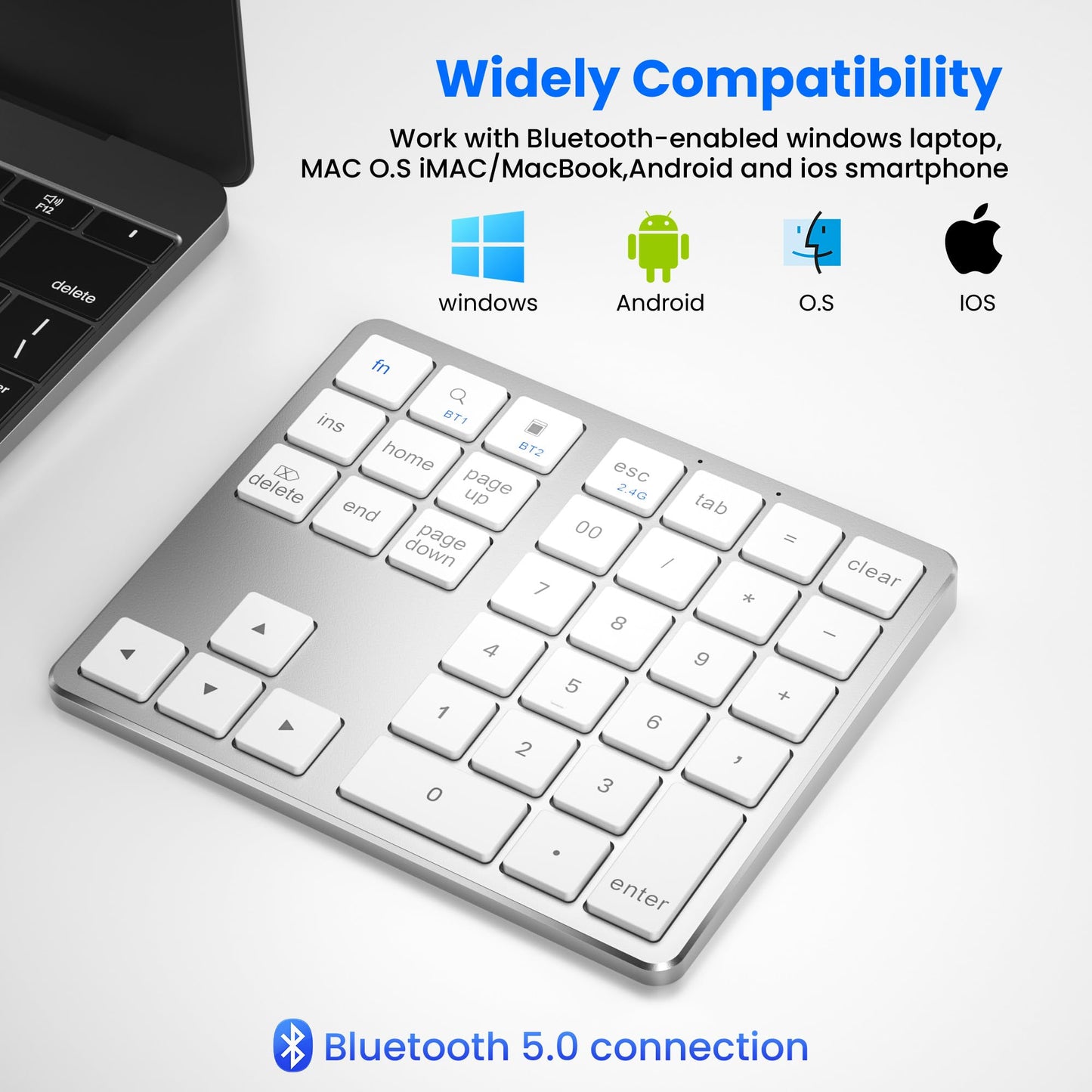 JPHTEK Bluetooth Number Pad, Aluminum Rechargeable Wireless Numeric Keypad Slim 35 Keys External Numpad Keyboard Data Entry for Laptop, MacBook, MacBook Air/Pro, iMac, Windows (White)