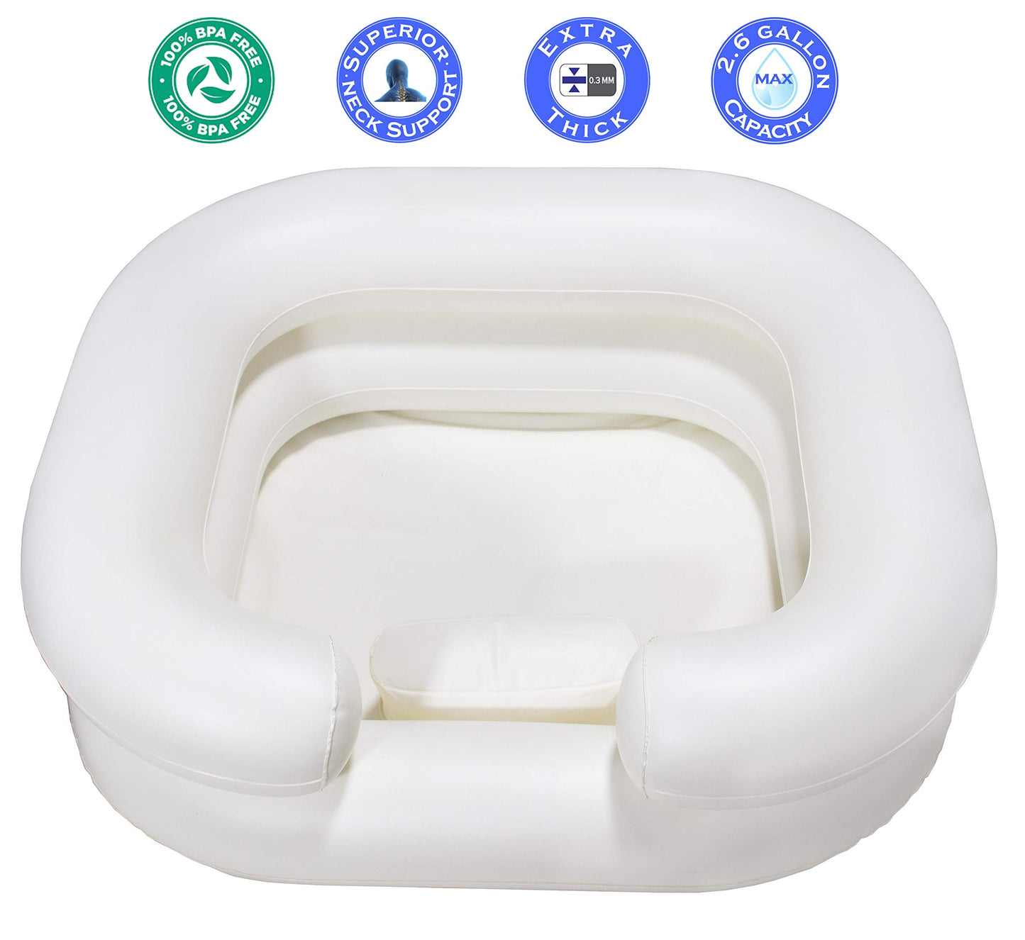 Inflatable Shampoo Basin with Pillow – in Bed Hair Wash Bowl for Bedridden, Elderly Disabled and Loved Ones – Pillow for Extra Head & Neck Support with No-Clog Easy Drainage